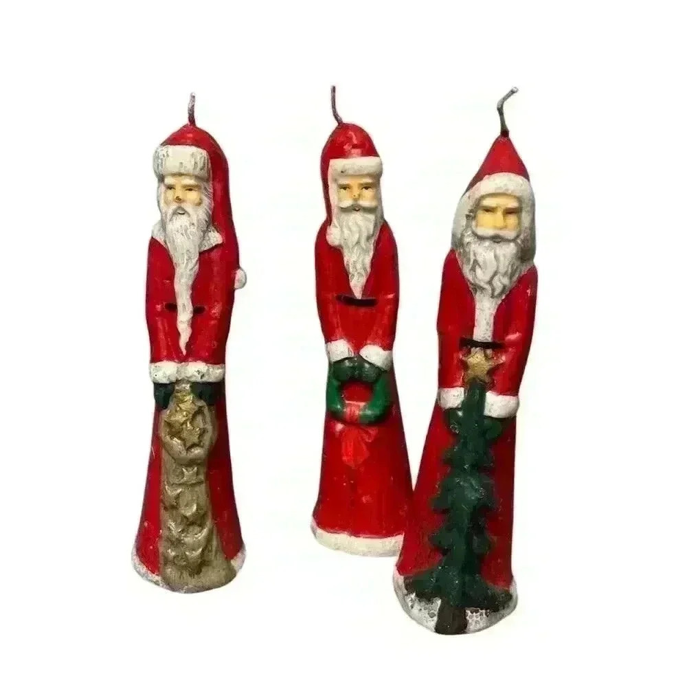 Vintage Set of 3 tall Santa Folk Art Wax Holiday Candles Christmas